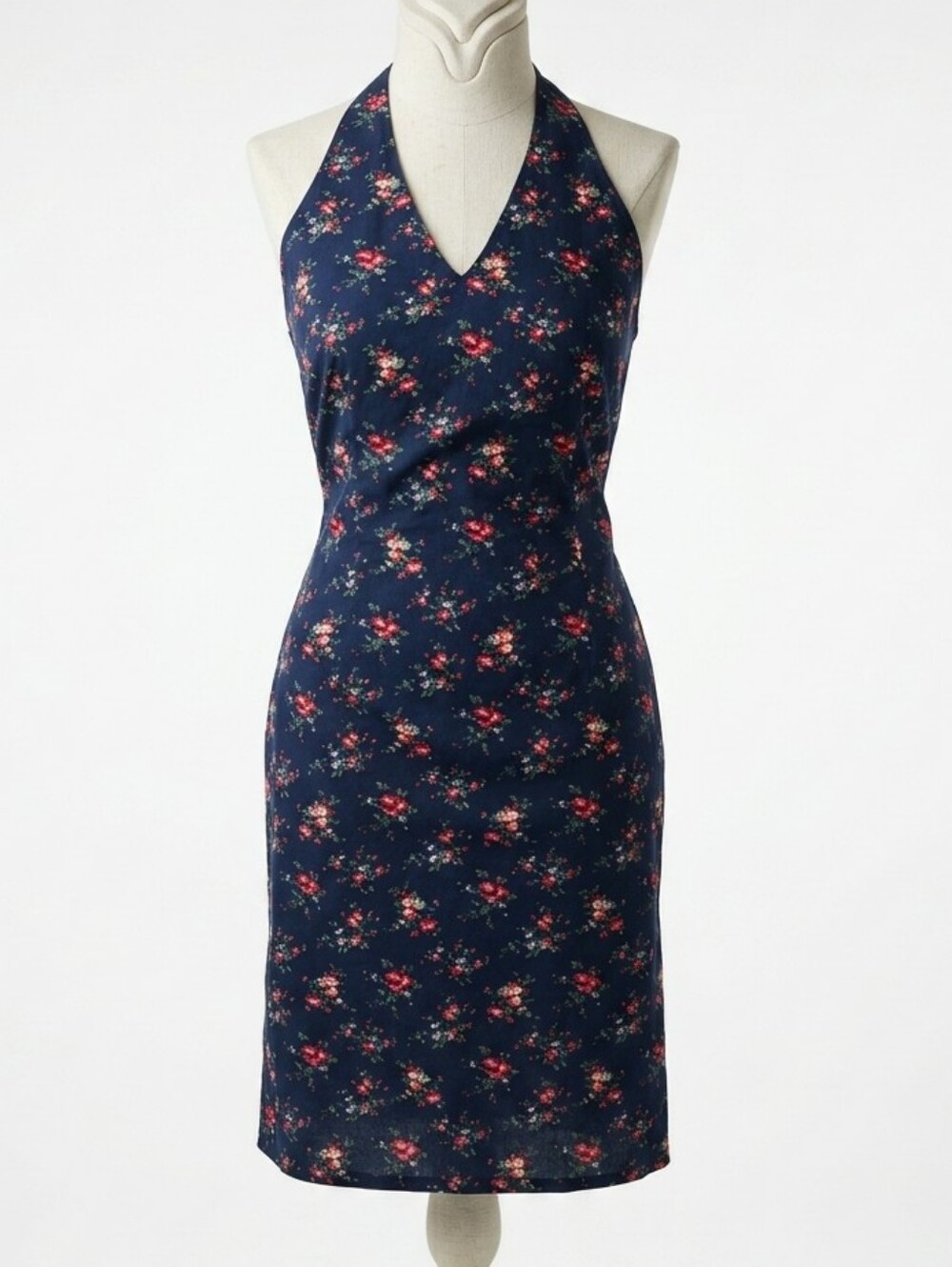 Vintage 90s Ralph Lauren Tartan Label Floral Halter Dress Navy Cotton • Size 8